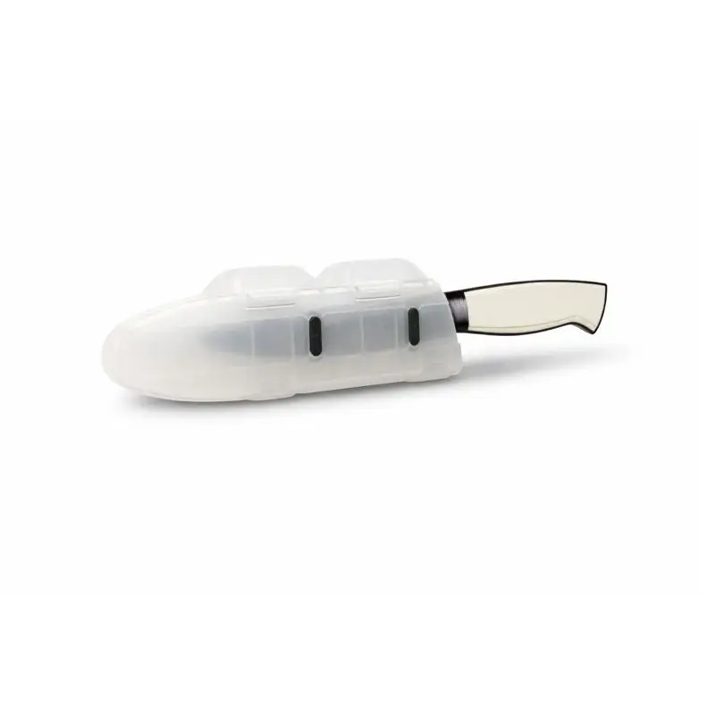 Transparent silicone 6-inch blade guard protects knife edge with black accents