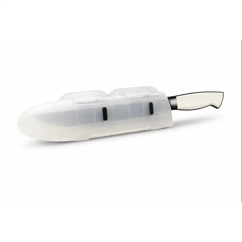 Transparent silicone hinged knife blade protector with black slots snugly holding white-handled knife edge guard