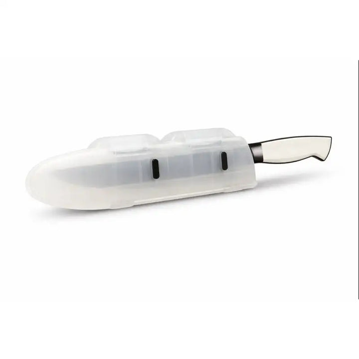 Transparent silicone hinged knife blade protector with black slots snugly holding white-handled knife edge guard