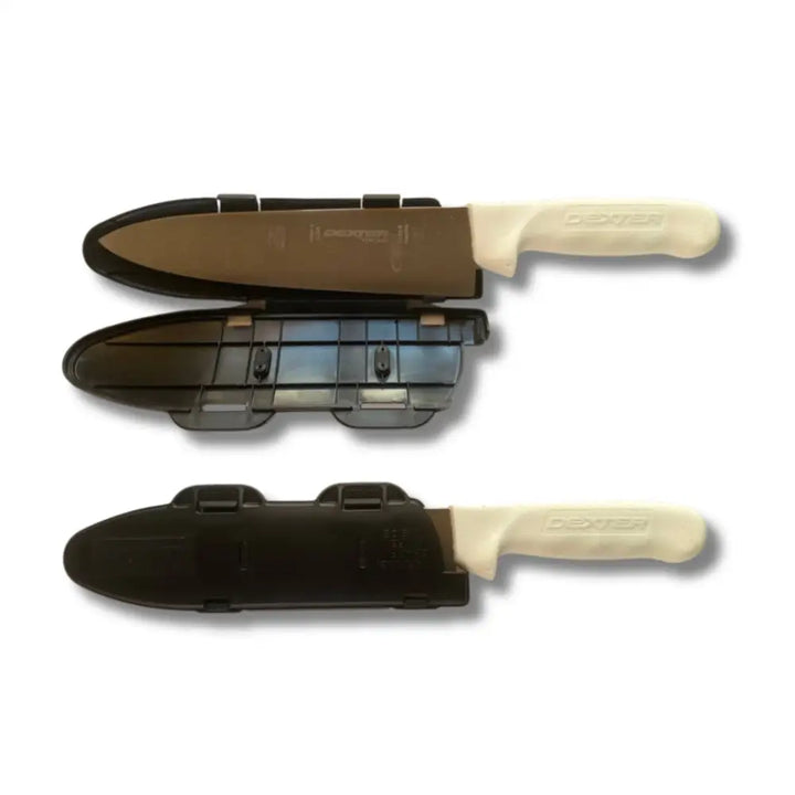 Cream-colored oxo handle with black plastic sheath on blade guard 8 inch hinged knife blade protector locking edge guard