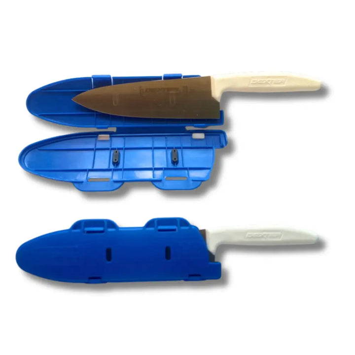 Blue plastic hinged knife blade protector with locking edge guard holding beige-handled chef’s knife with brown blade