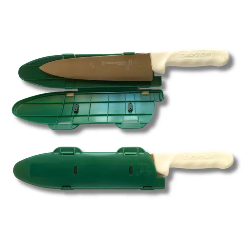Beige-handled dexter-robbins chef’s knife with brown blade in a green hinged knife blade protector locking edge guard