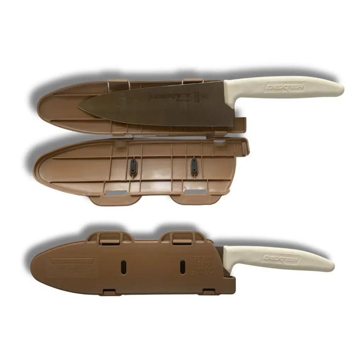 Set of two knives with white handles and brown plastic locking kitchen knife cover ceramic hinged blade protectors