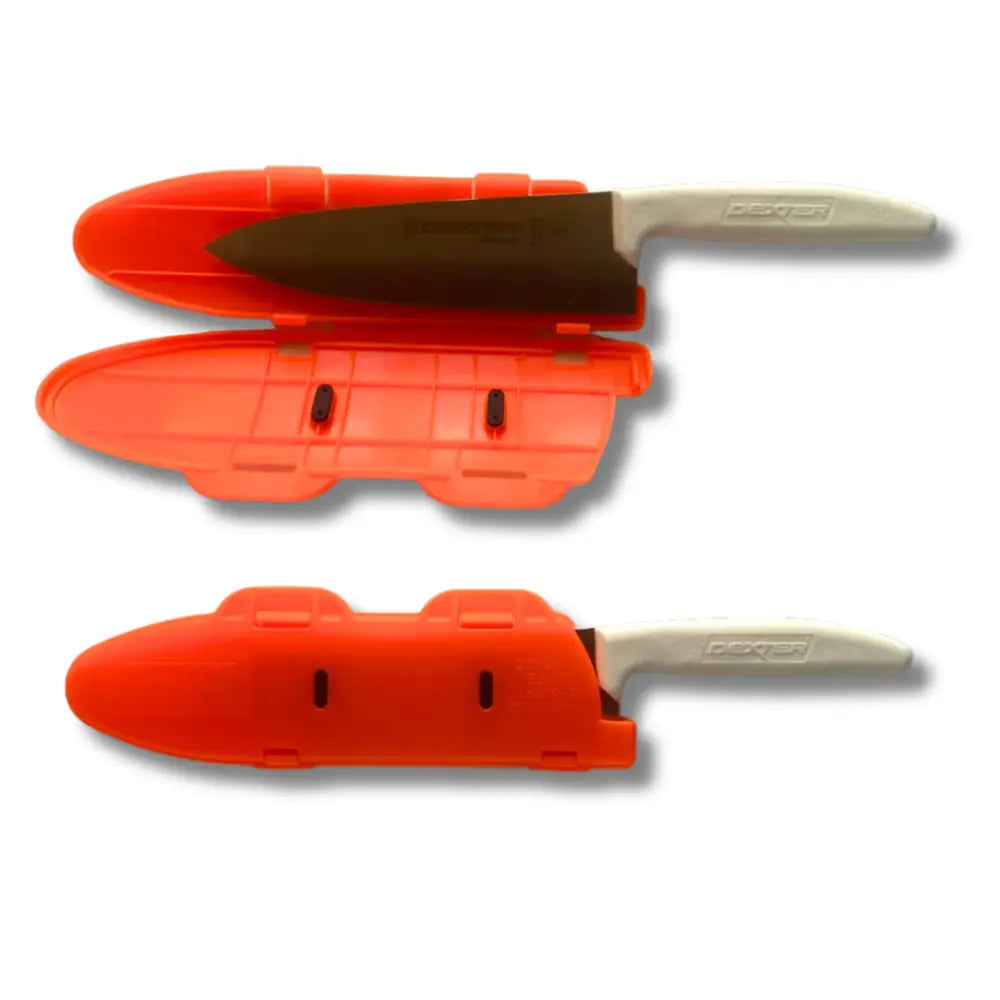 Bright orange plastic hinged knife blade protector with locking edge guard holding white handle knife
