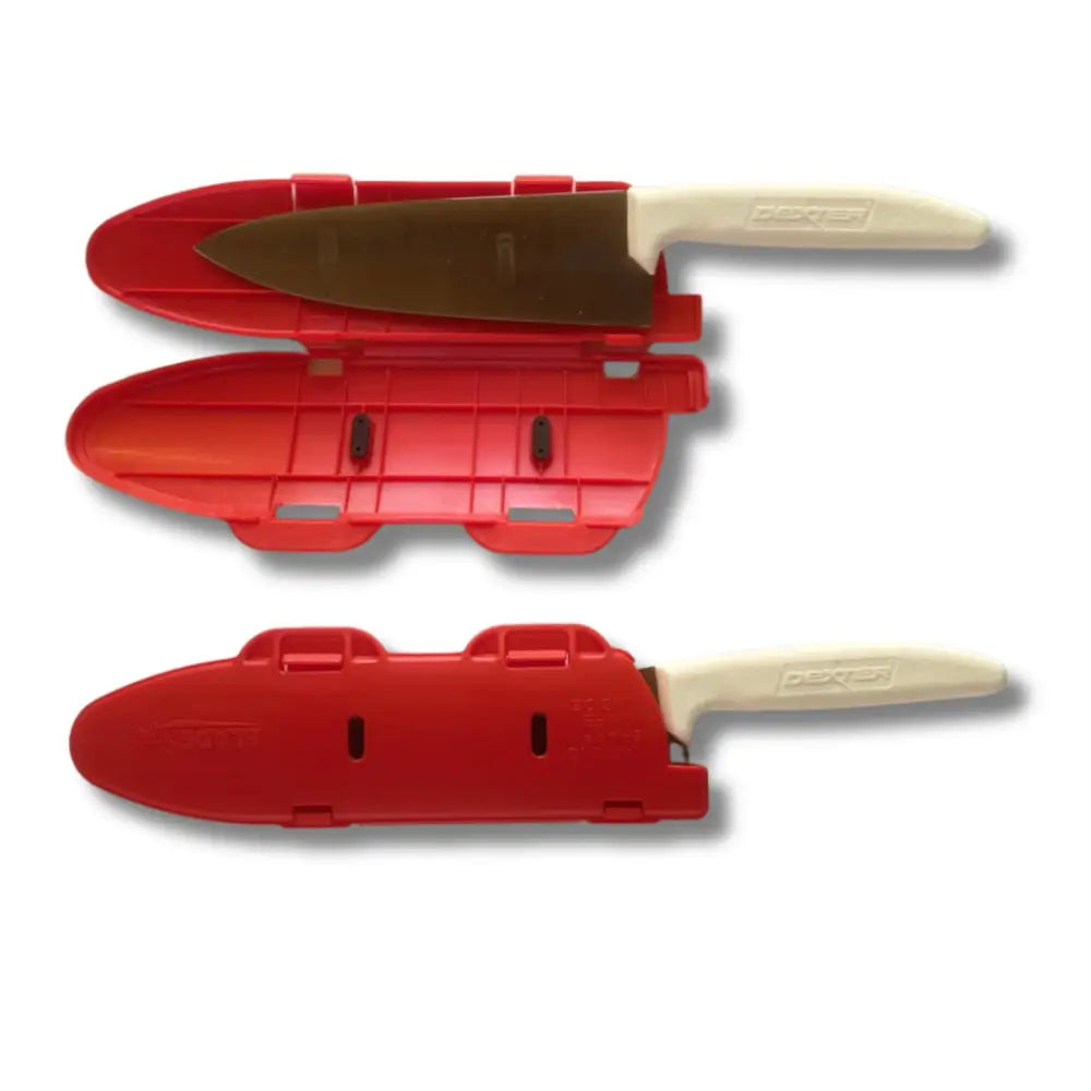 Red plastic hinged knife blade protector with locking edge guard holding beige-handled chef’s knife with metal blade