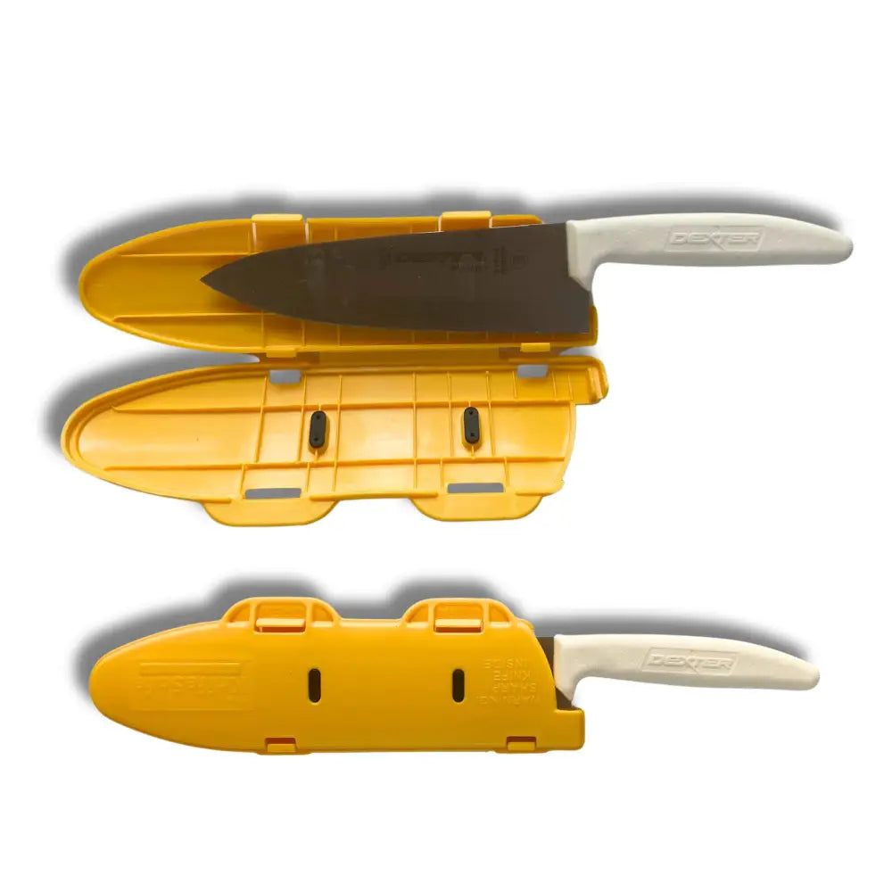 Yellow plastic knife edge guard holding a white-handled ceramic knife with black blade hinged knife blade protector