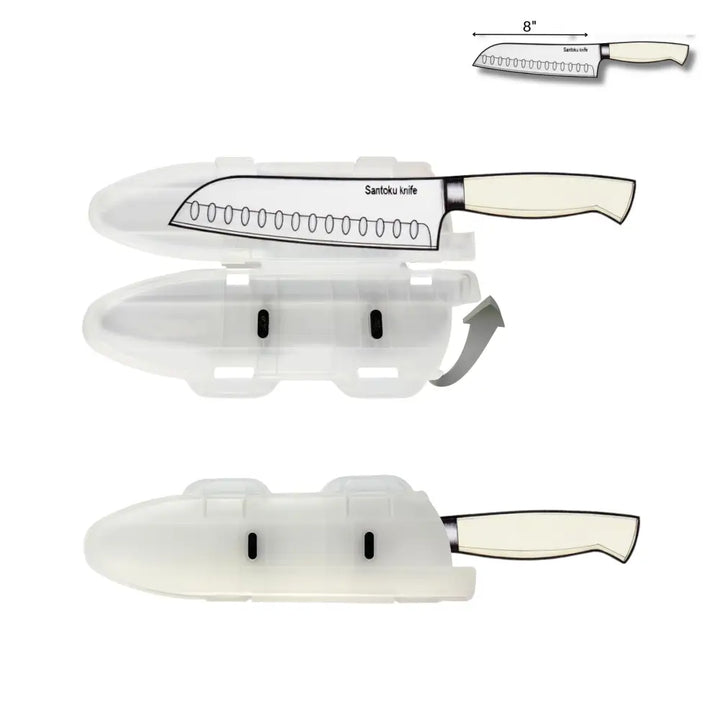 Cream-colored 8-inch santoku knife with serrated blade edge in hinged BPA-free guard