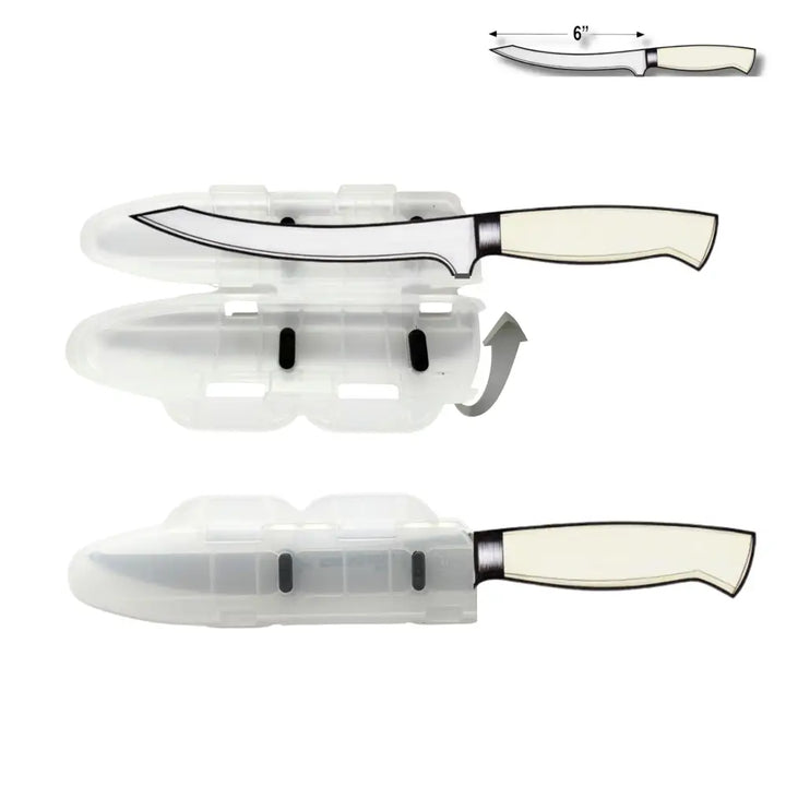 6-inch curved chef knife with cream handle in clear sheath and blade edge guard