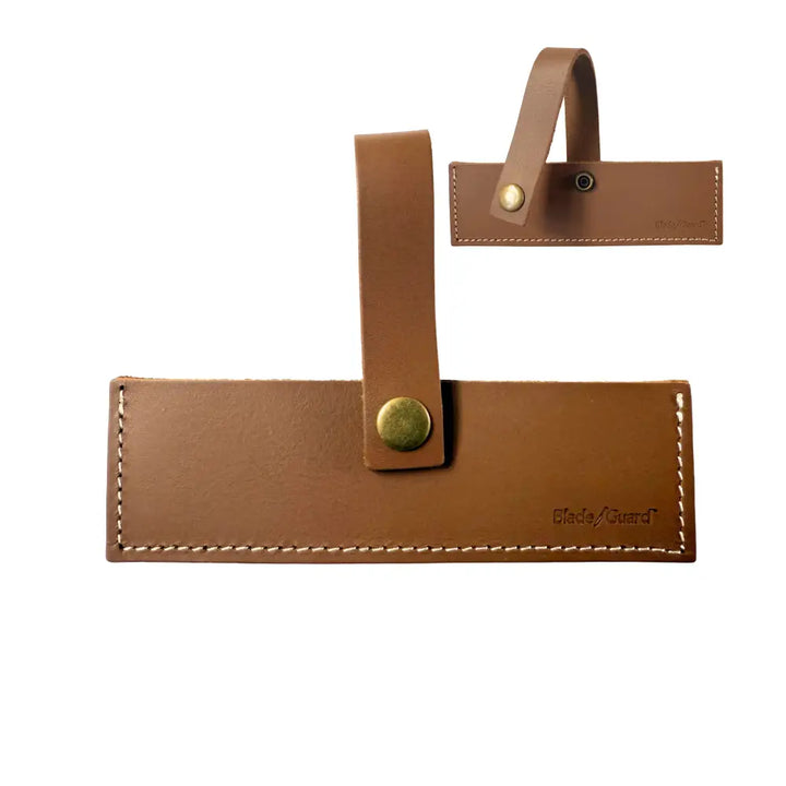 Blade guard knife leather ulu sheath with brass snap and white stitching