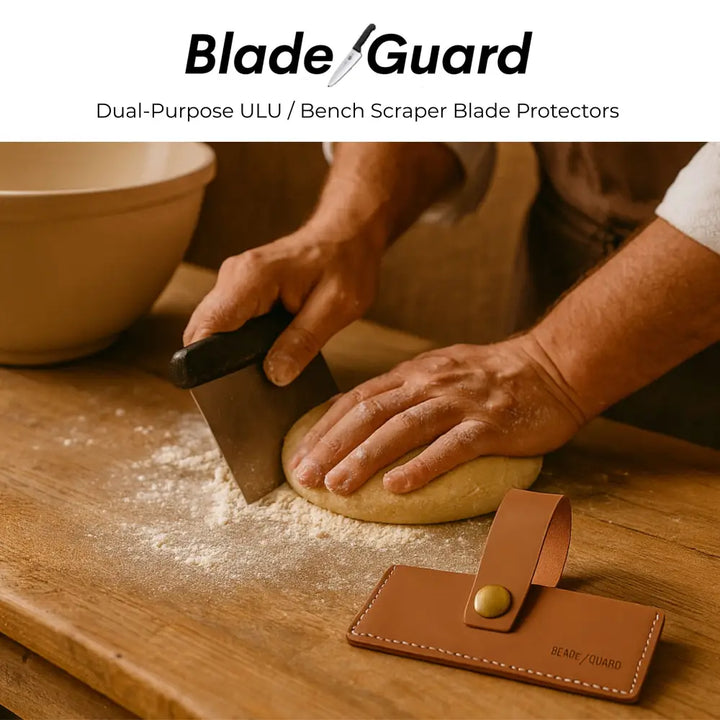 Brown leather blade guard knife for ulu and bench scraper with brass snap