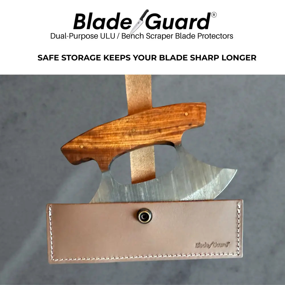 Blade guard knife with leather ulu sheath and wooden handle