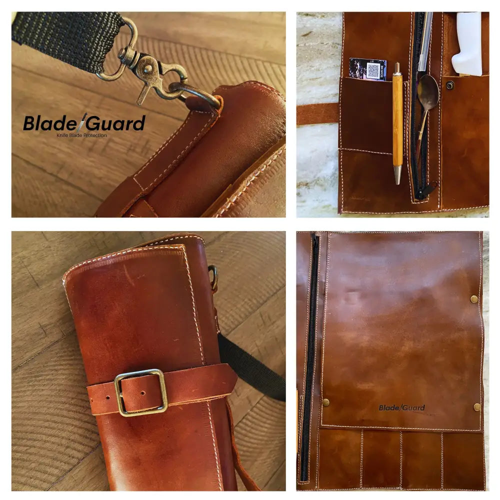 Brown leather blade guard premium leather knife roll with black strap and brass hardware 5 pocket design