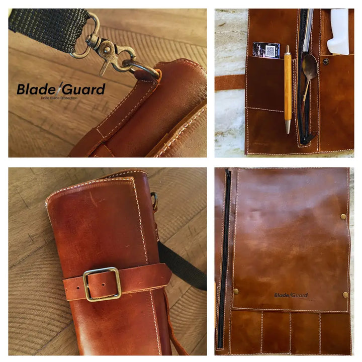 Brown leather blade guard premium leather knife roll with black strap and brass hardware 5 pocket design