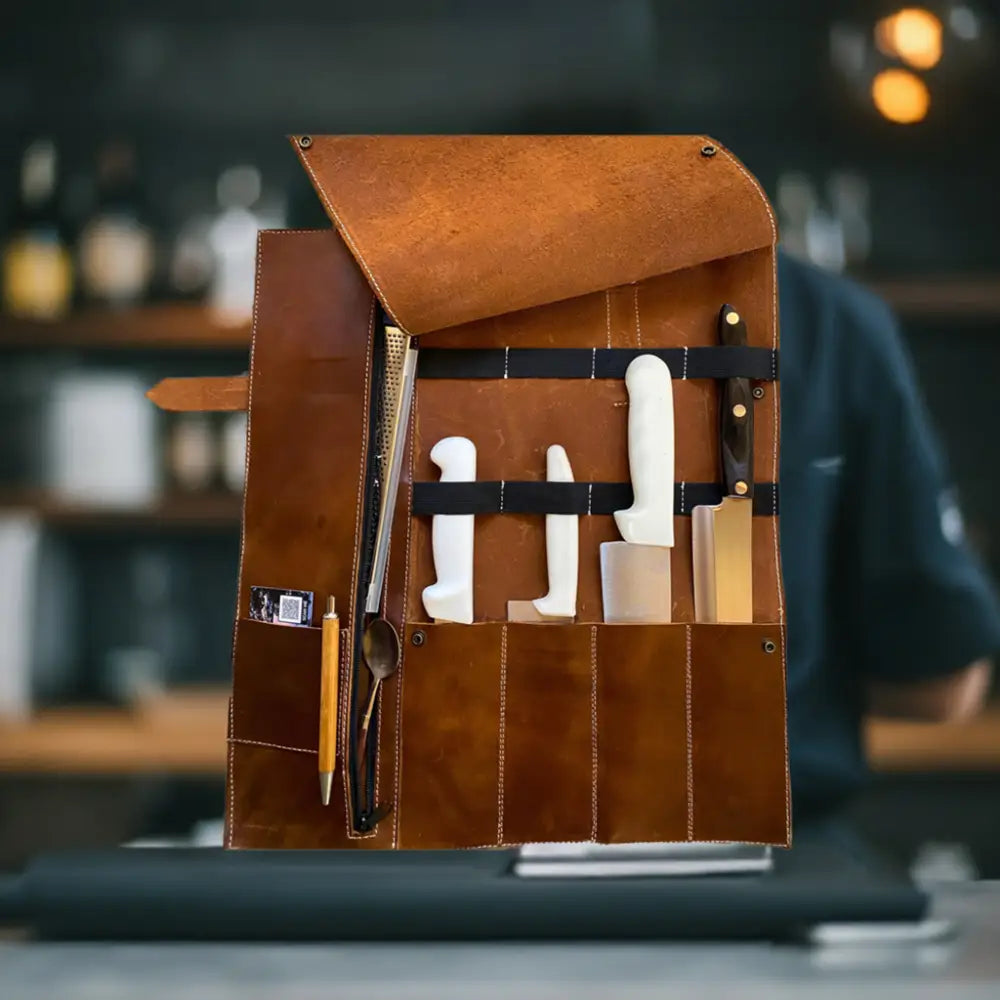 Brown premium leather knife roll with 5 pockets holding kitchen knives and utensils blade guard chef bag