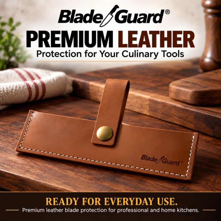 Blade Guard brown leather ULU knife and bench scraper sheath on a wooden kitchen counter, showing its fastened retaining strap, contrasting stitching, and embossed logo