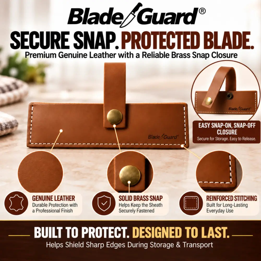 Blade Guard brown leather ULU knife and bench scraper sheath with close-ups highlighting the leather, snap closure, stitched edges, and unfastened retaining strap.