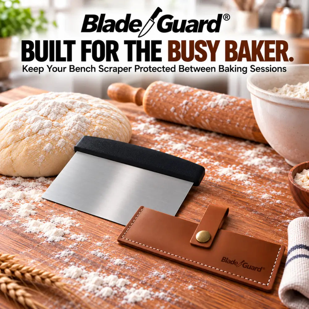 Blade Guard brown leather sheath beside a black-handled bench scraper on a flour-dusted wooden work surface with bread dough, a rolling pin, and a bowl of flour