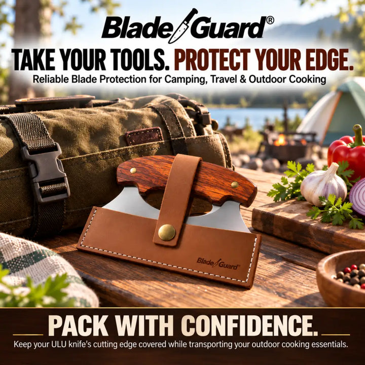 Blade Guard brown leather sheath fastened around a wooden-handled ULU knife on an outdoor table beside a canvas bag and vegetables, with a tent and lake in the background
