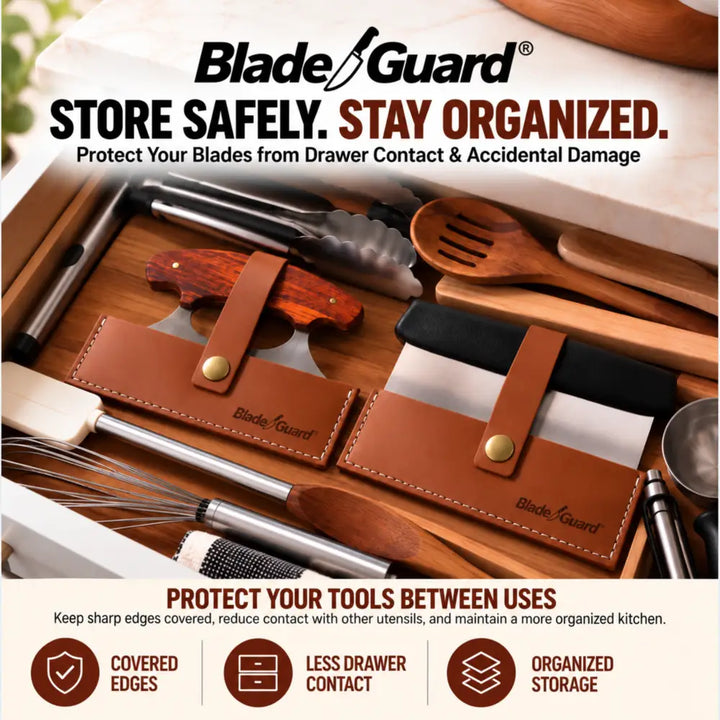 Blade Guard brown leather sheaths covering the edges of a wooden-handled ULU knife and a black-handled bench scraper in a kitchen drawer beside other utensils.