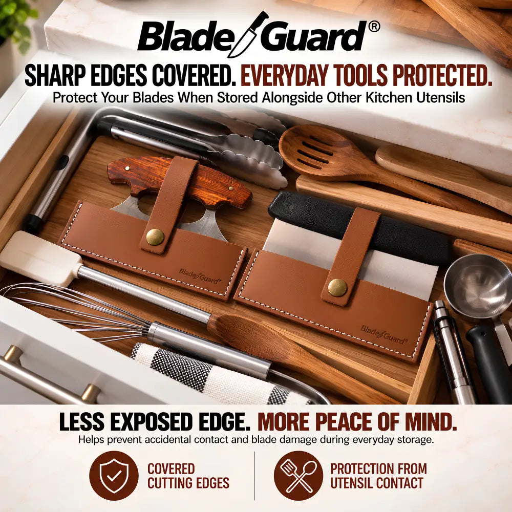 Blade Guard brown leather sheaths fastened around a wooden-handled ULU knife and a black-handled bench scraper in a kitchen drawer with tongs, wooden spoons, a whisk, and measuring scoops