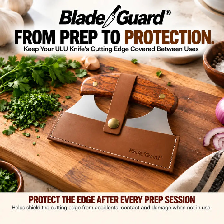 Blade Guard brown leather sheath covering a wooden-handled ULU knife on a cutting board beside chopped herbs, garlic, and red onion, with the retaining strap fastened over the handle.