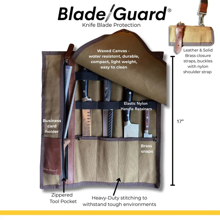 Tan waxed canvas knife roll with leather accents, brass hardware, and elastic nylon handle retainers for secure blade storage
