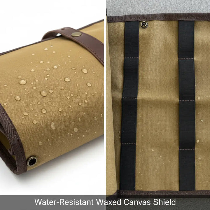 Tan waxed canvas knife roll bag with brown leather trim black elastic straps and five dedicated knife pockets