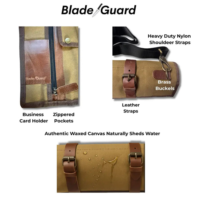 Tan blade guard canvas knife roll made of waxed canvas with brown leather straps and dedicated knife pockets
