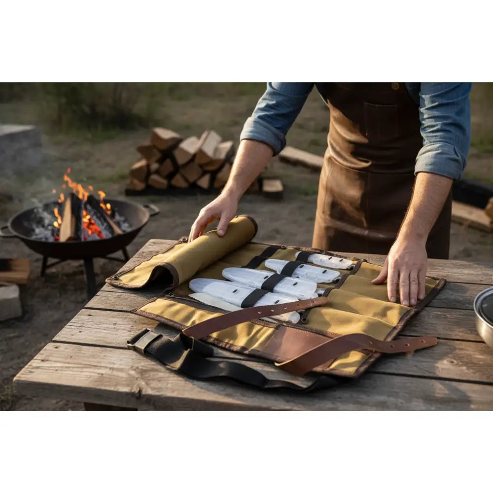 Tan blade guard waxed canvas knife roll with brown leather straps and black elastic bands holding white knives in dedicated knife pockets