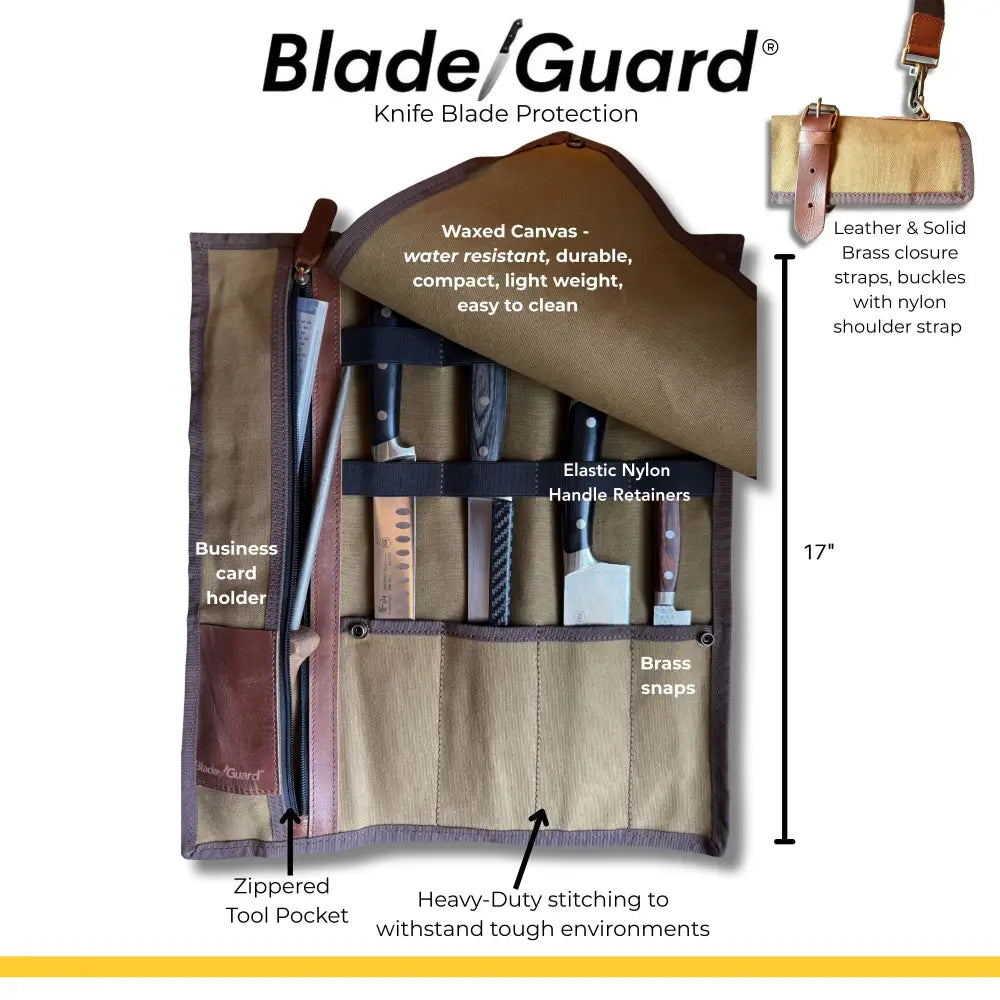 Blade Guard® Waxed Canvas Knife Roll Bag – Water-Resistant Chef Knife Bag with 4 Knife Pockets + Zippered Tool Pocket –