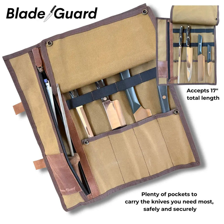 Blade Guard® Waxed Canvas Knife Roll Bag – Water-Resistant Chef Knife Bag with 4 Knife Pockets + Zippered Tool Pocket –