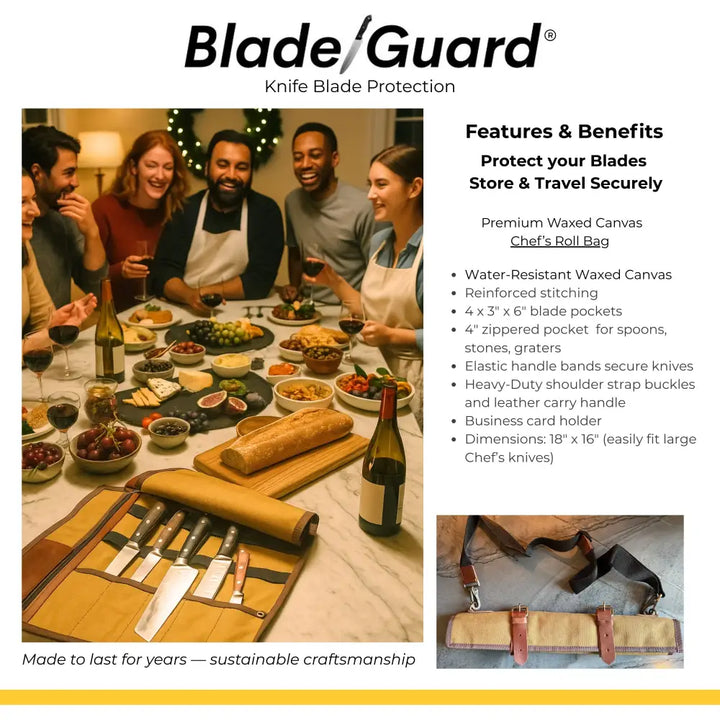 Blade Guard® Waxed Canvas Knife Roll Bag – Water-Resistant Chef Knife Bag with 4 Knife Pockets + Zippered Tool Pocket –