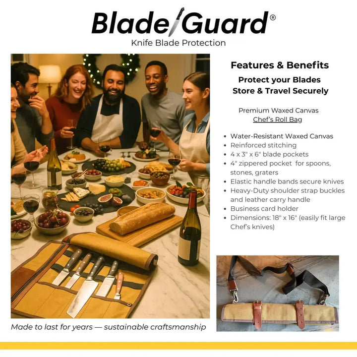 Waxed canvas knife roll bag with leather trim and blade pockets