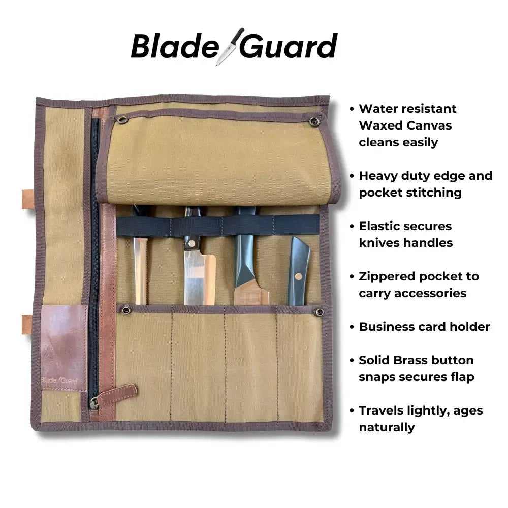 Tan waxed canvas knife roll bag with leather trim and elastic straps