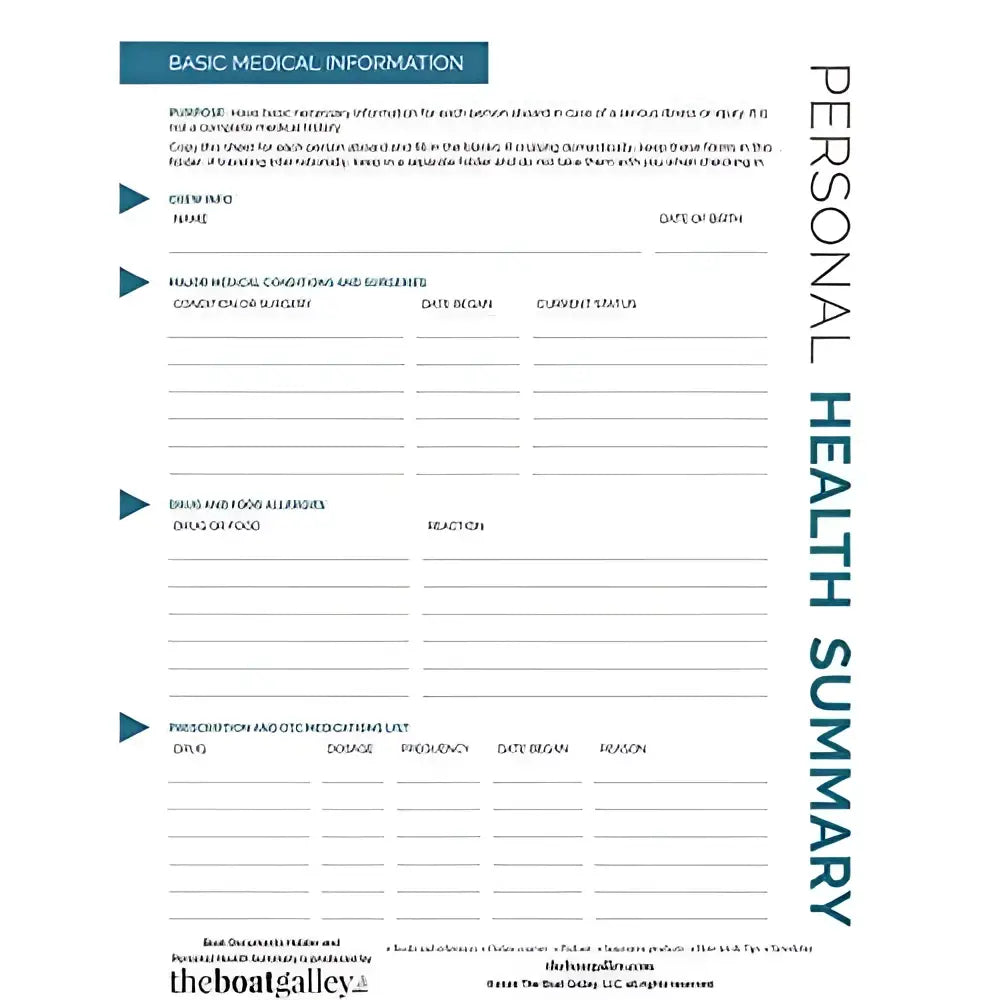 Personal health summary form with blue and black text on white paper for boat documents organizer use