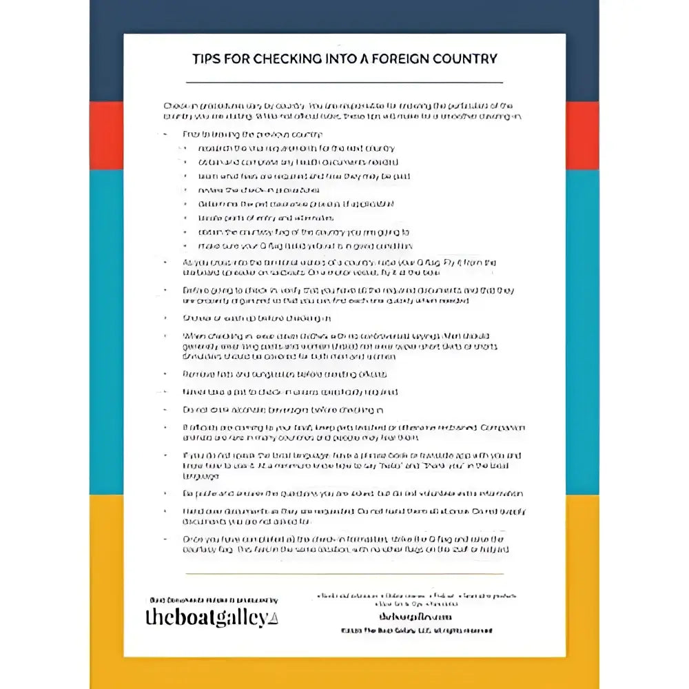 White paper with black text titled tips for checking into a foreign country printed by the boat galley in a boat documents organizer