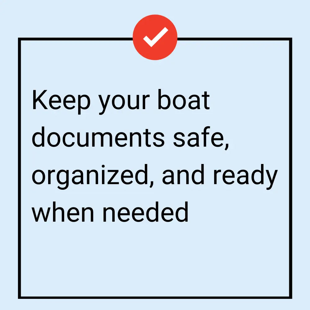 Minimalist graphic with red checkmark icon above centered black text on light blue background for boat documents organizer