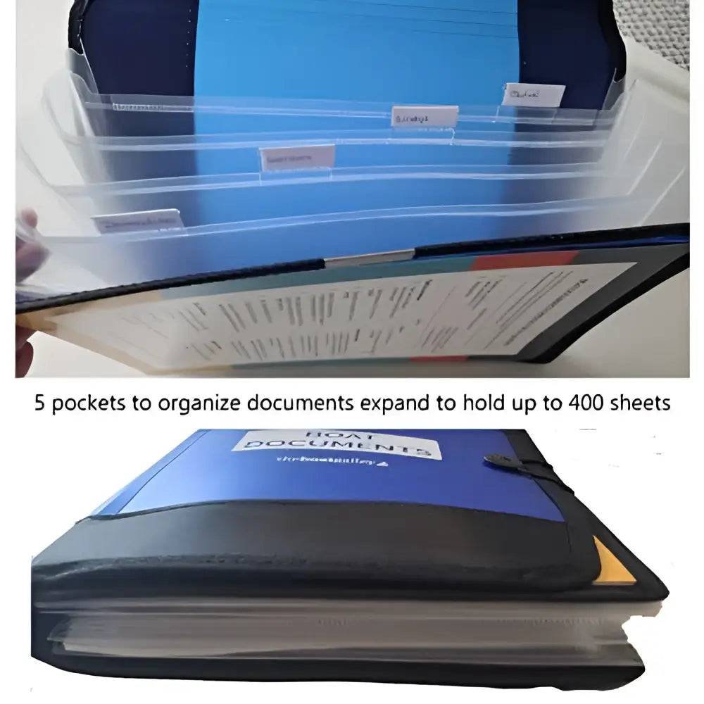 Blue and black boat documents organizer with five clear plastic pockets for storing boat documents efficiently