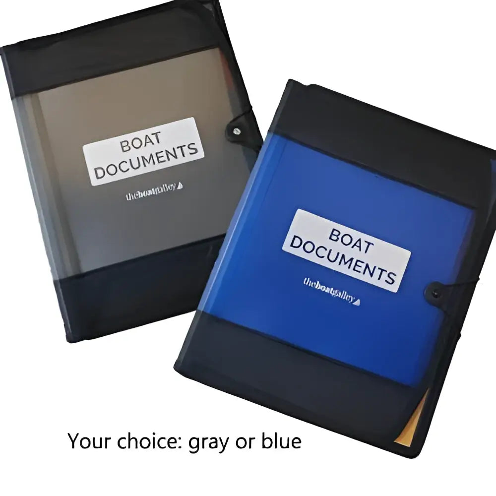 Blue boat documents organizer with black trim and clear front panel for secure boat documents storage and organization
