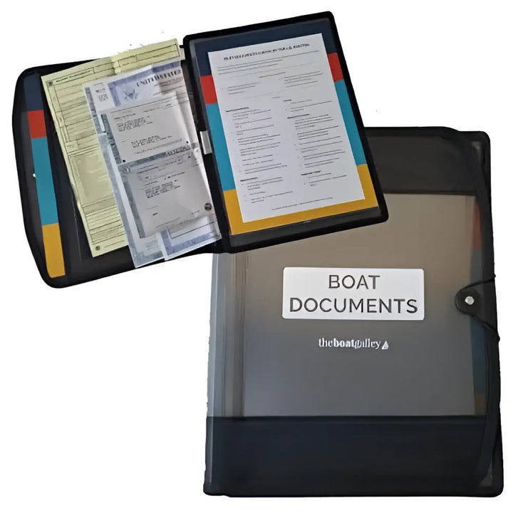 Black and transparent plastic boat documents organizer with colorful tabbed dividers for easy boat documents storage