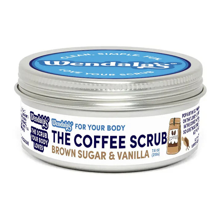 Wendala’s body scrub coffee brown sugar vanilla in a silver metal jar features organic coconut and coffee scrubs