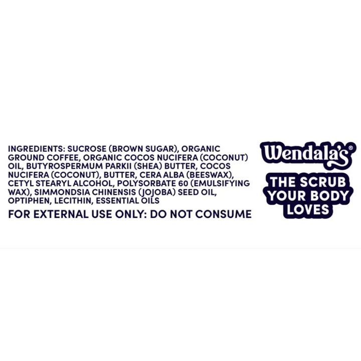 Wendala’s body scrub coffee brown sugar vanilla features coffee scrubs brown sugar and organic coconut in dark blue label