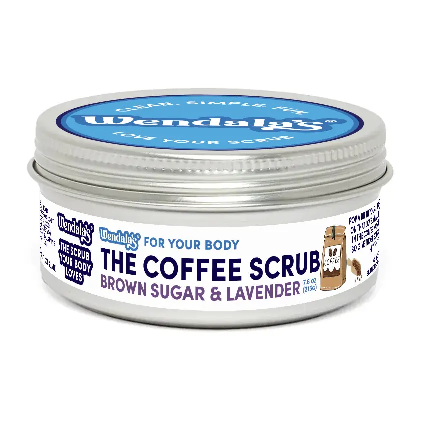Wendalas body scrub coffee lavender in a silver tin with blue and white labeling featuring brown sugar and organic coconut coffee scrubs