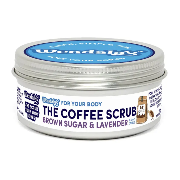 Wendalas body scrub coffee lavender in a silver tin with blue and white labeling featuring brown sugar and organic coconut coffee scrubs