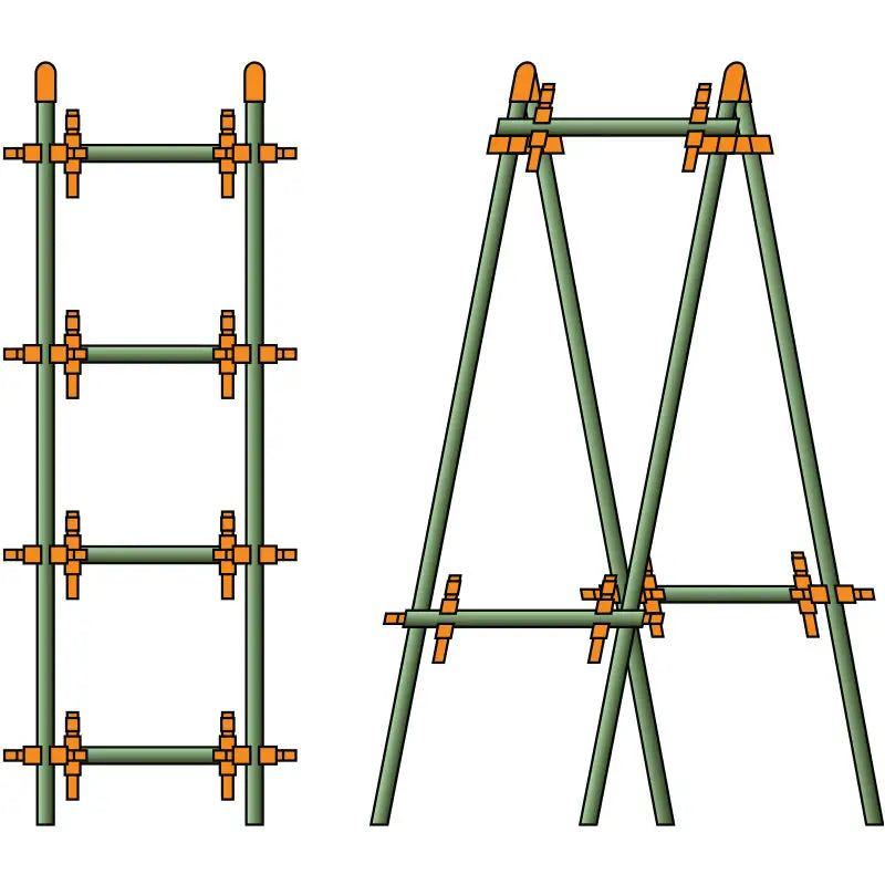 Green scaffolding frames with orange connectors C-Bite modular plant support clips for customizable tomato cages