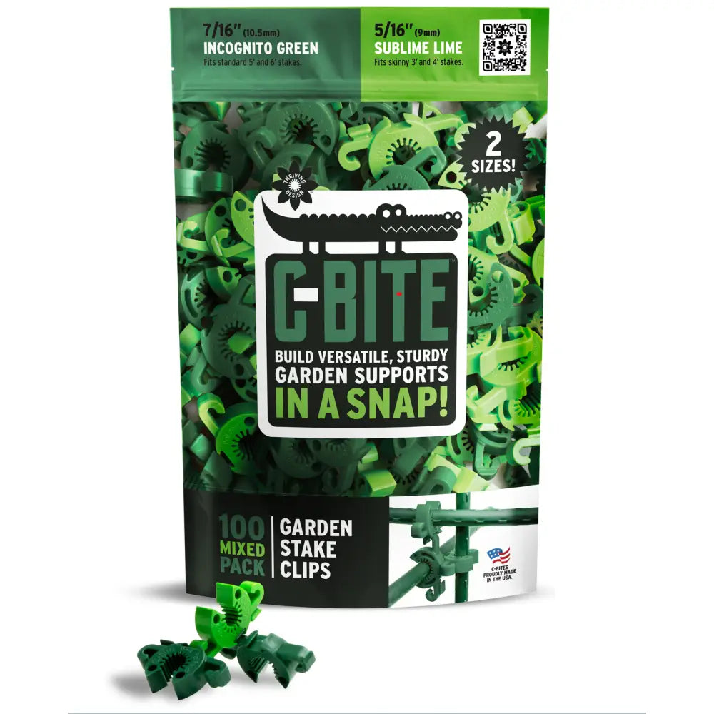 A bag of green c-bite 100 piece modular plant support clips for customizable tomato cage connectors and interlocking garden stake clips
