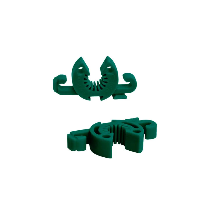Dark green plastic c-bite interlocking garden stake clip with fish-like ridged texture for customizable tomato cage connectors