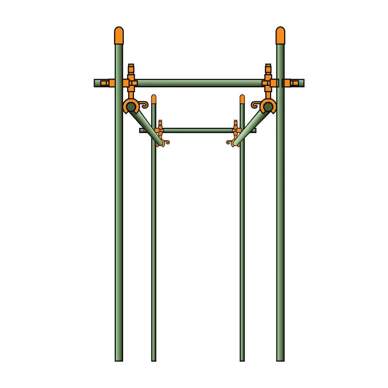 Green metal scaffold with orange-tipped poles and customizable tomato cage connectors using modular plant support clips