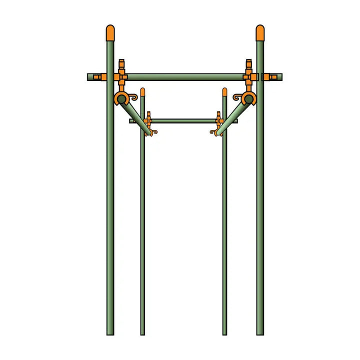 Green metal scaffold with orange-tipped poles and customizable tomato cage connectors using modular plant support clips