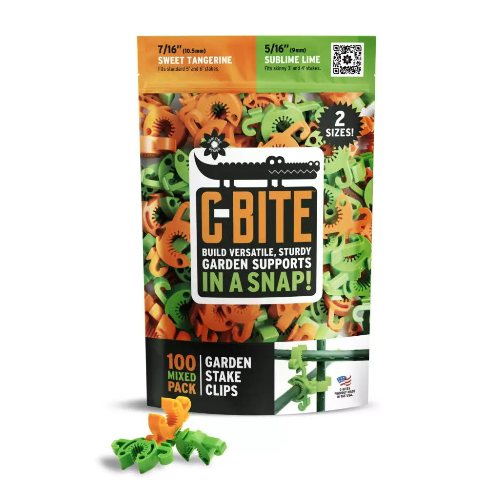 C-BITE Garden Plant Stake Clips - 50/50 Assortment for 7/16 and 5/16 garden stakes (Tangerine and Lime) 100pcs